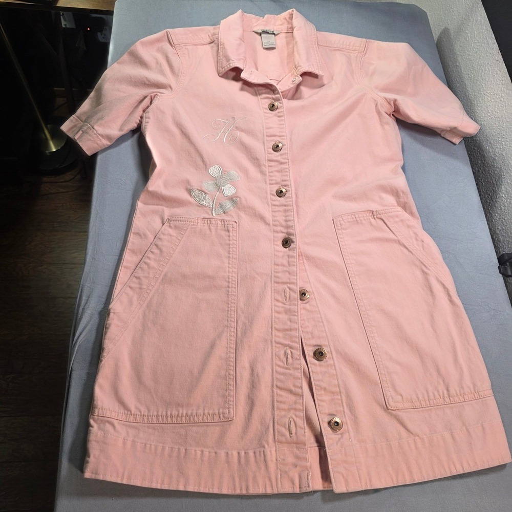 Duluth Trading Co Pink / Peach Denim Embroidered Floral Puppy Utility Dress XS